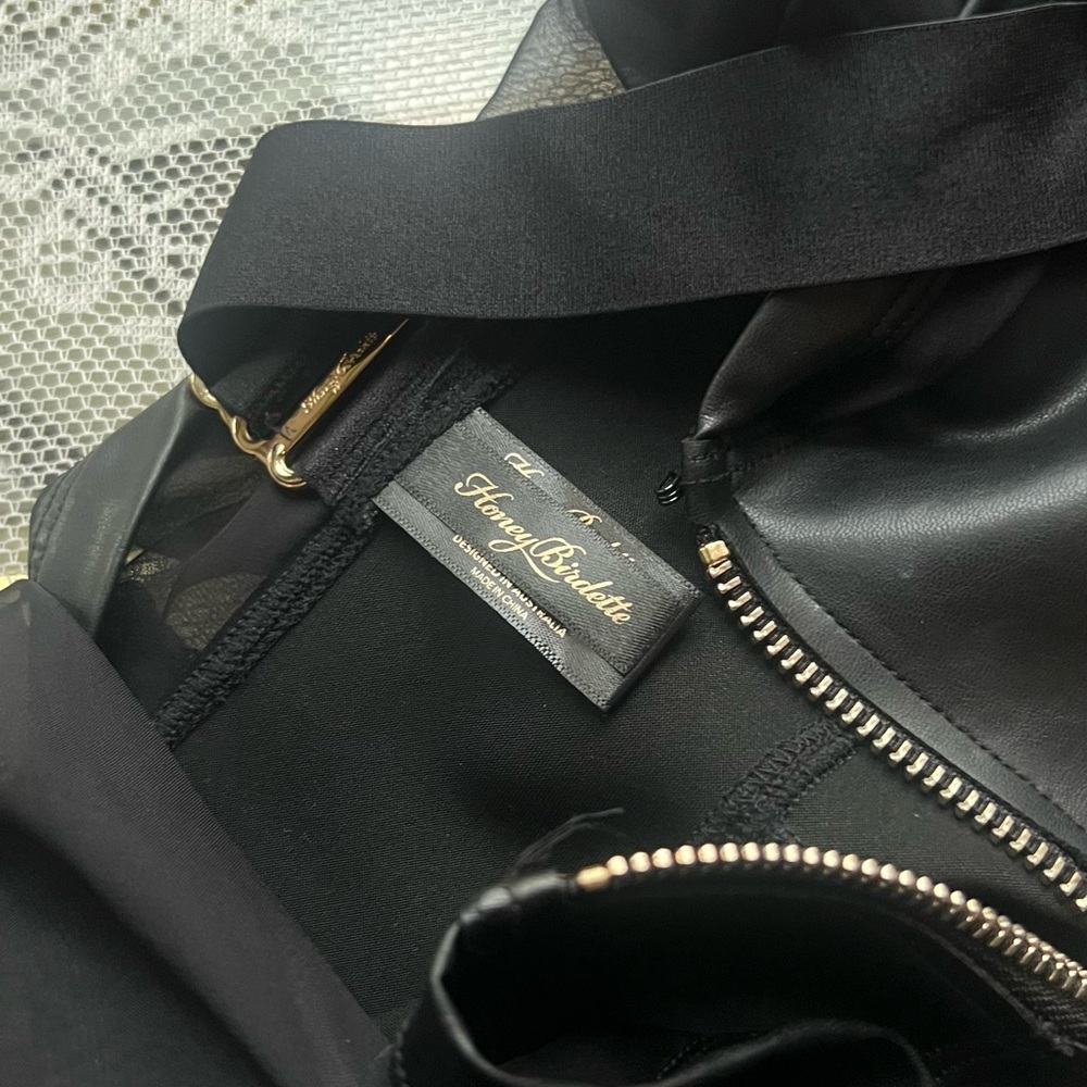 Honey Birdette RARE Black Sheer Mesh and Faux Leather Plunge Bodysuit - Picture 5 of 8